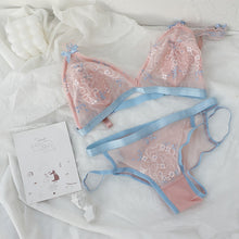 Load image into Gallery viewer, French Underwear Bralette Lace Push Up Triangle Cup Ultra Thin Wire Free Bra and Panties Set Blue and Pink Bra Set
