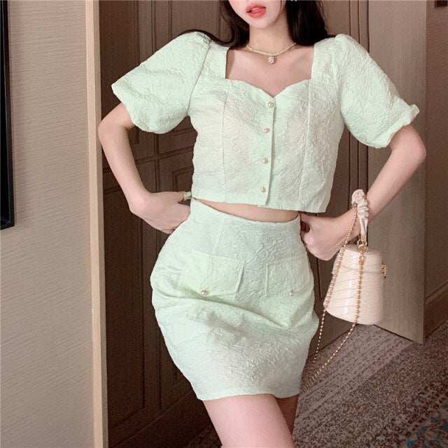 French Vintage Casual All-match Two Piece Sets Women Puff Sleeve Top + High Waist A-line Skirt Suits Ensembles Femme 2021 Summer