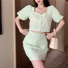 Load image into Gallery viewer, French Vintage Casual All-match Two Piece Sets Women Puff Sleeve Top + High Waist A-line Skirt Suits Ensembles Femme 2021 Summer