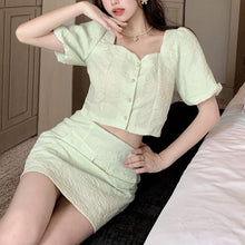 Load image into Gallery viewer, French Vintage Casual All-match Two Piece Sets Women Puff Sleeve Top + High Waist A-line Skirt Suits Ensembles Femme 2021 Summer
