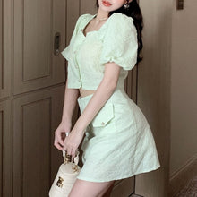 Load image into Gallery viewer, French Vintage Casual All-match Two Piece Sets Women Puff Sleeve Top + High Waist A-line Skirt Suits Ensembles Femme 2021 Summer