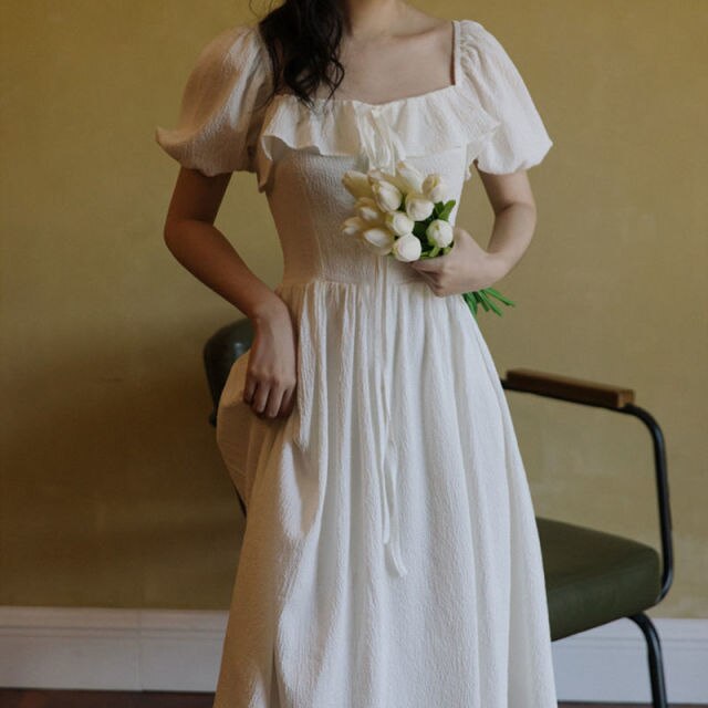 French Vintage Dress Women Casual Puff Sleeve One Piece Dress Retro Gothic Fairy Midi White Dress Female Evening Party Chic