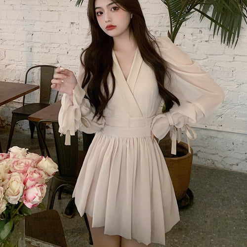 French Vintage Dress Women Elegant Fairy Slim V-neck Chiffon Lace Mini Party Dress 2021spring  Autumn One Piece Dress Korean