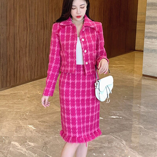French Vintage Small Fragrance Tweed 2 Piece Set Women Woolen Jacket Coat Crop Top + Skirt Suits Korean Chic Sweet Two Piece Set