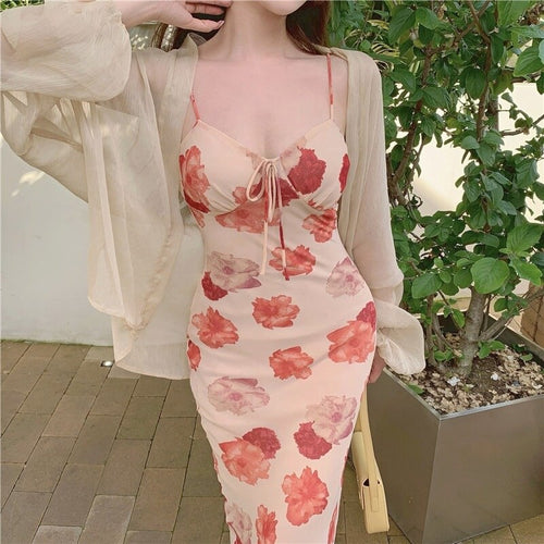 French Vintage Strap Dress Women Sweet Elegant Sleeveless Sexy Floral Dress Female Casual V-neck Beach Party Dress Summer 2021