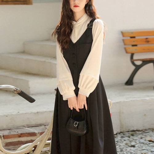 French Vintage Two Piece Set Women Korean Style Elegant Midi Dress Suit Autumn 2021 Casual Puff Sleeve Shirt + Black Strap Dress