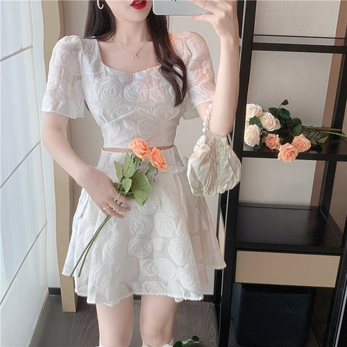 French Vintage Two Piece Sets Square Collar Puff Sleeve Jacquard Short Top + High Waist Lace Skirts Suits Conjuntos De Mujer New