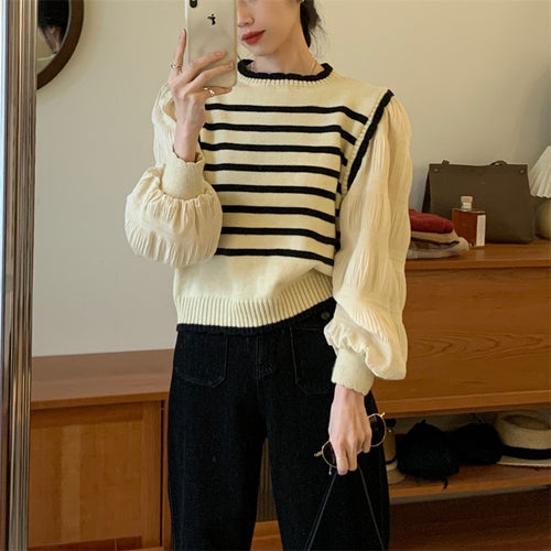French paneled striped fake two-piece knitwear women's 2023 early spring new age-reducing foreign pullover sweater women's top
