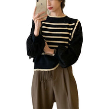 Load image into Gallery viewer, French paneled striped fake two-piece knitwear women&#39;s 2023 early spring new age-reducing foreign pullover sweater women&#39;s top