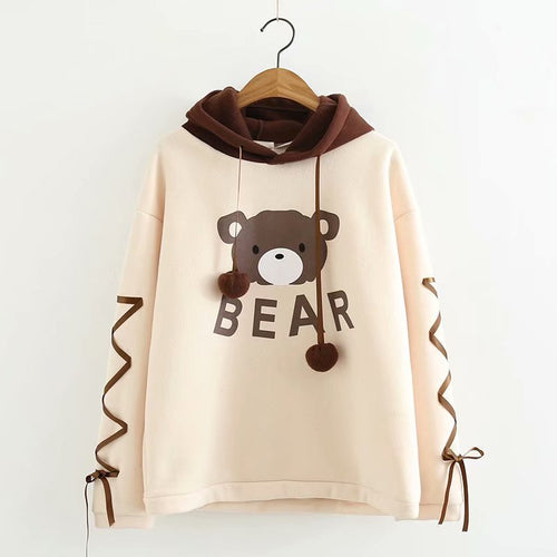Fresh Sweet Cartoon Cute Hoodies Fall Women Fashion Bandage Kawaii Tops Hooded Sweatshirts Autumn Fleece Thick Hoodie Femme