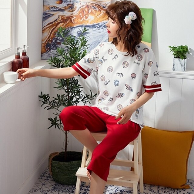 Fruit Print Cute Sweet Women Pajamas Set Soft Short Sleeve O-Neck Pants Lady Home Clothes Summer Female Nightie