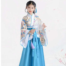 Load image into Gallery viewer, Girl Embroidery Traditional Chinese Skirt + Kimono Top Blue Lavender Pink Red Children Hanfu Chineses Elegent Hanfu Dress Kids