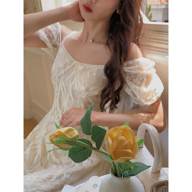 Girl Summer White Elegant Lace Long Maxi Dress Vintage Square Collar French Princess Dresses Casual Holiday Party Dress