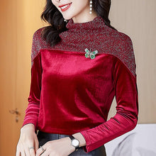 Load image into Gallery viewer, Gold Velvet Stitching Bottoming Shirt New 2021 Spring Long Sleeve Women T-shirt Elegant Slim Mesh Tops Plus Size Tees