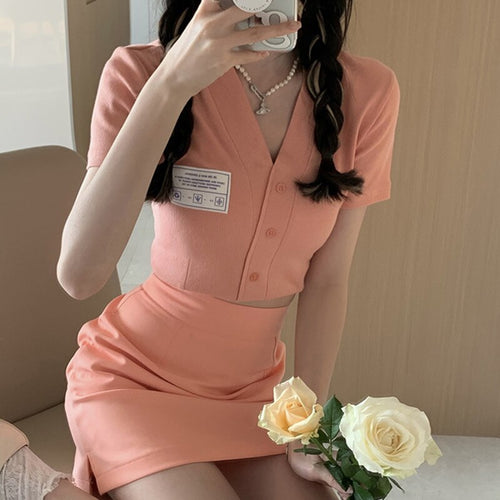 Good Quality Slim Thin Short V-neck Knitted Cardigan Top Female + High Waist All-match Skirt Conjuntos De Vestido Two-piece Sets