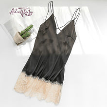 Load image into Gallery viewer, Gorgeous Nightgowns Lace Ice Silk Back Cross Strap Nightdress Sexy Lingerie Deep V Perspective Low-cut Women Sleepwear Black