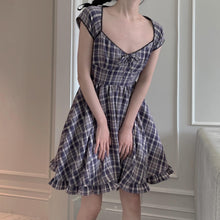 Load image into Gallery viewer, Goth Gothic purple Plaid Black Lace Up Women Mini Dresses Harajuku Short Sleeve ALine Party Dress Summer Fashion Streetwear 2021