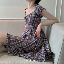 Load image into Gallery viewer, Goth Gothic purple Plaid Black Lace Up Women Mini Dresses Harajuku Short Sleeve ALine Party Dress Summer Fashion Streetwear 2021