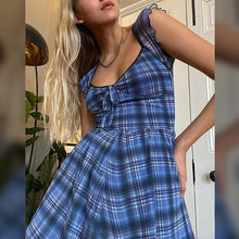 Load image into Gallery viewer, Gothic Plaid Black Lace Up Mini Dresses Women Harajuku E-girl Short Sleeve Party Cyber Y2k Dress 90s Aesthetic Girls Streetwear