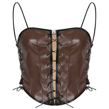 Load image into Gallery viewer, Gothic Slim Hollow Out PU Leather Corset Slash Neck Bandage Backless Sleeveless  Crop Top Women Patchwork  Low Cut Camis 2022