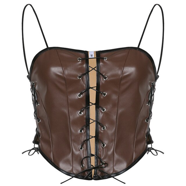 Gothic Slim Hollow Out PU Leather Corset Slash Neck Bandage Backless Sleeveless  Crop Top Women Patchwork  Low Cut Camis 2022