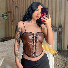 Load image into Gallery viewer, Gothic Slim Hollow Out PU Leather Corset Slash Neck Bandage Backless Sleeveless  Crop Top Women Patchwork  Low Cut Camis 2022