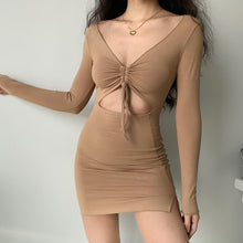 Load image into Gallery viewer, Gray Kint Ribbe Hollow Out Long Sleeve Dress Women Drawstring Bodycon V Neck Sexy Mini Shirt Dresses Autumn Y2k Club Party Robe