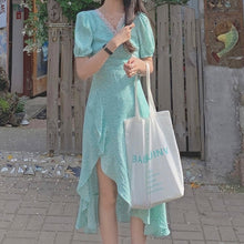 Load image into Gallery viewer, Green Floral Boho Dress Women Summer Beach V-Neck Elegant Sweet Split Midi Dress High Waist Party Sexy Irregular Casual Clothes