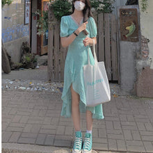 Load image into Gallery viewer, Green Floral Boho Dress Women Summer Beach V-Neck Elegant Sweet Split Midi Dress High Waist Party Sexy Irregular Casual Clothes