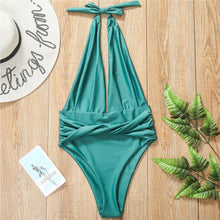 Load image into Gallery viewer, Green High Cut one piece swimsuit female Deep v-neck bikini 2020 Bandage bathing suit monokini swimwear women bathers