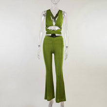 Load image into Gallery viewer, Green Pants Sets 2021 Summer Women Sexy Bandage 2 Two Piece Set Tight Crop Tops High Waist Flared Trousers Suits Outfits