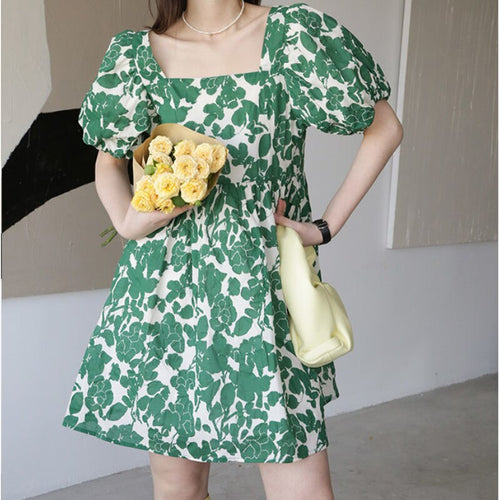 Green Vintage Boho Dresses Women Elegant Kawaii Short Sleeve Sweet Floral Dresses Women Casual Loose Party Dress Summer 2021