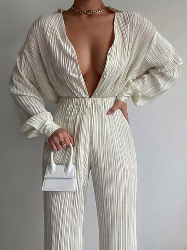 Green Women's Shirt Pleated Two Piece Set Loose High Waist Wide Leg Pants Suit 2022 Casual Elegant Office Ladies Female Outfits