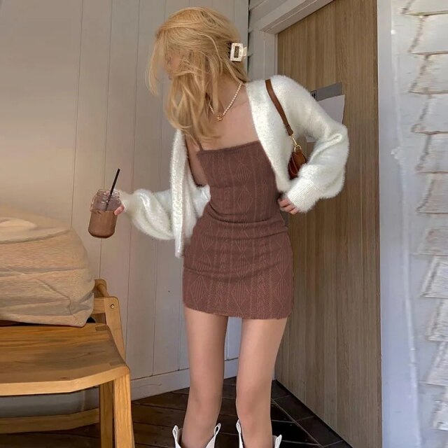 Green knitted suspender skirt women's short skirt solid color slim dress Tube top sexy Casual clothes dropshipping sweater punk