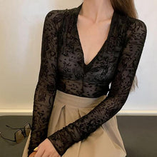 Load image into Gallery viewer, Grunge Sexy V Neck Pattern Printing Women T-shirt Y2k Vintage Long Sleeve Slim Tees Club Wear 2022 Spring New Female Crop Top