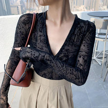 Load image into Gallery viewer, Grunge Sexy V Neck Pattern Printing Women T-shirt Y2k Vintage Long Sleeve Slim Tees Club Wear 2022 Spring New Female Crop Top