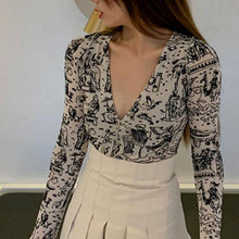 Load image into Gallery viewer, Grunge Sexy V Neck Pattern Printing Women T-shirt Y2k Vintage Long Sleeve Slim Tees Club Wear 2022 Spring New Female Crop Top