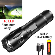 Load image into Gallery viewer, Powerful T6 LED Flashlight Super Bright Aluminum Alloy Portable Torch USB Rechargeable Outdoor Camping Tactical Flash Light