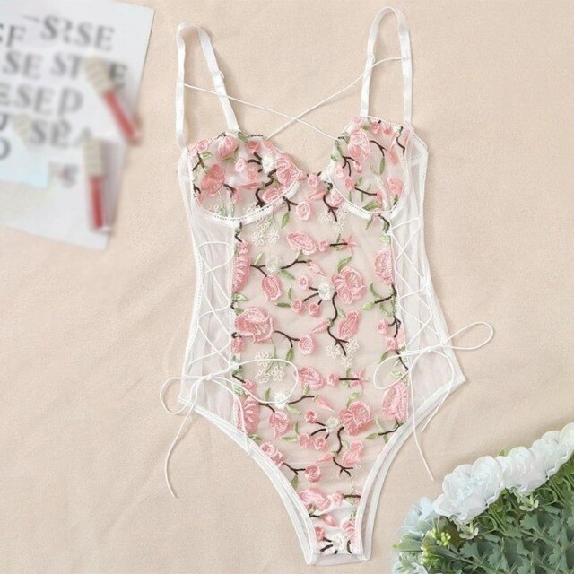 Floral Embrodiery Lace Bodysuit Women Lace Up Teddy lingerie Sexy Underwear EroticTransparent Skinny sexy pajamas
