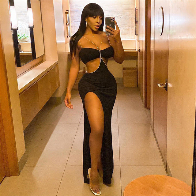 HOT Summer For 2022 Fashion Women'S Clothes Black Halter Romper Sexy Bandage Split Casual Evening Party Prom Maxi Dresses Vestid