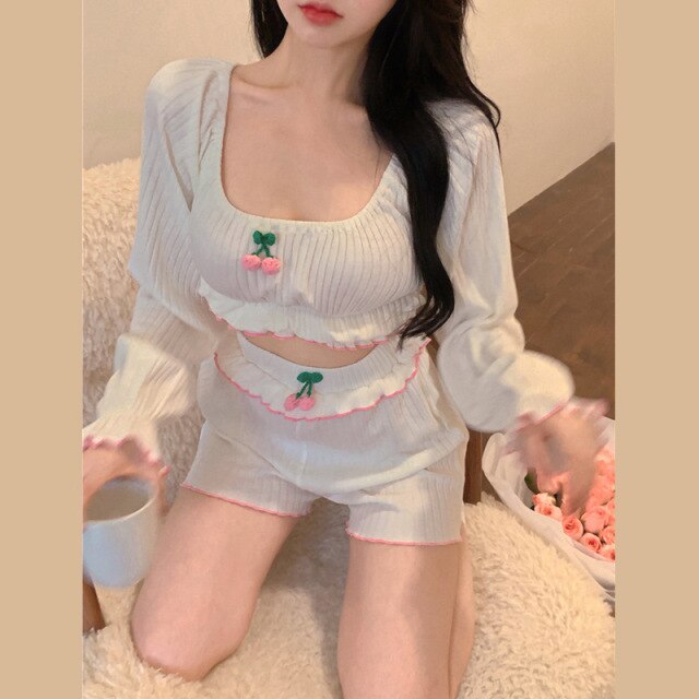 HOT Women's Pajamas Set Square Collar Sleepwear for Girl Little Cherry Cute Nightwear Shorts Two-piece Summer Leisure Home Wear