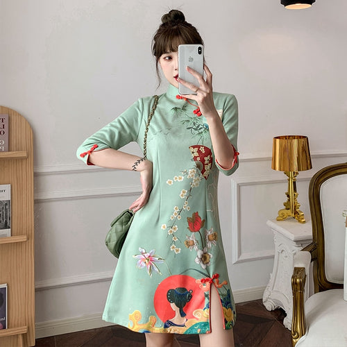 Half Sleeve Suede Improved Cheongsam Women Stand Collar Vintage Floral Print Slim Split Fork Chinese Style Mini Dress Female