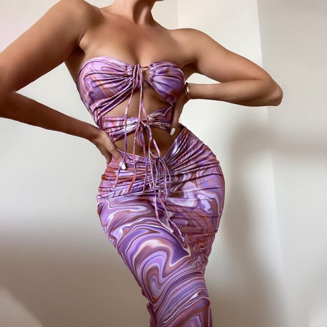 Halter Dresses For Women 2021 Party Bodycon Purple Print Off Shoulder Sexy Bandage Midi Dress Beach Clothes Club Vestido Playero