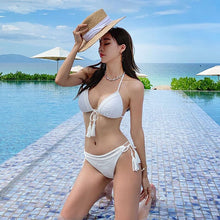 Load image into Gallery viewer, Halter Lace Up Biquinis White Two Piece Swimsuit Push Up Padded Swimwear Low Waist Bandage Bathing Suit Korea Style Bikini Set
