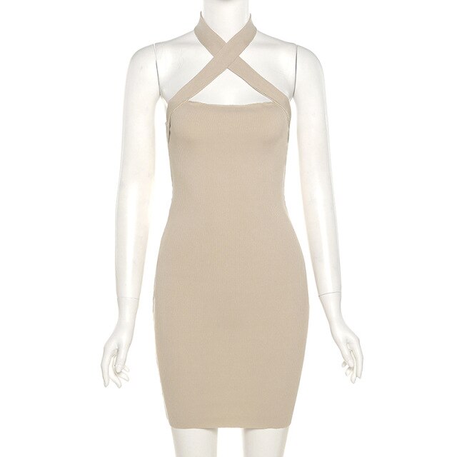 Halterneck Cross Sexy Mini Dresses Women Sleeveless bodycon Party Backless Dress 2021 Summer Wrap Tight Robe Casual Streetwear