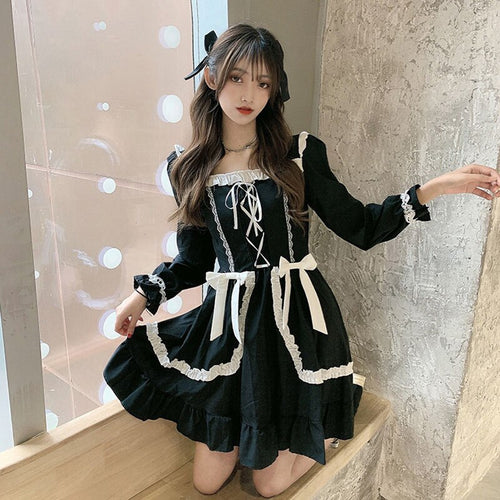 Harajuku Lolita Gothic Dress Soft Girl Japanese Style Kawaii Bow Puffy Dresses For Women Vintage Patchwork Ruffles Mini Dresses