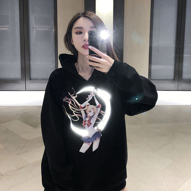 Harajuku Moon Cartoon Print Hoodie Women Loose Casual Reflective Material Long Sleeve Pullover Tops Streetwear Sweatshirt