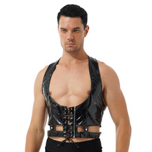Load image into Gallery viewer, Harness Mens Lingerie Sexy Patent Leather Vest Gothic Steampunk Lace-Up Front Harness Belt Adjustable Buckle Back Tops Clubwear