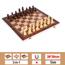 Load image into Gallery viewer, Chesse International Chess Game Super Checkers 3 in 1 Chess Wooden Travel Chess Set Folding Chessboard Backgammon