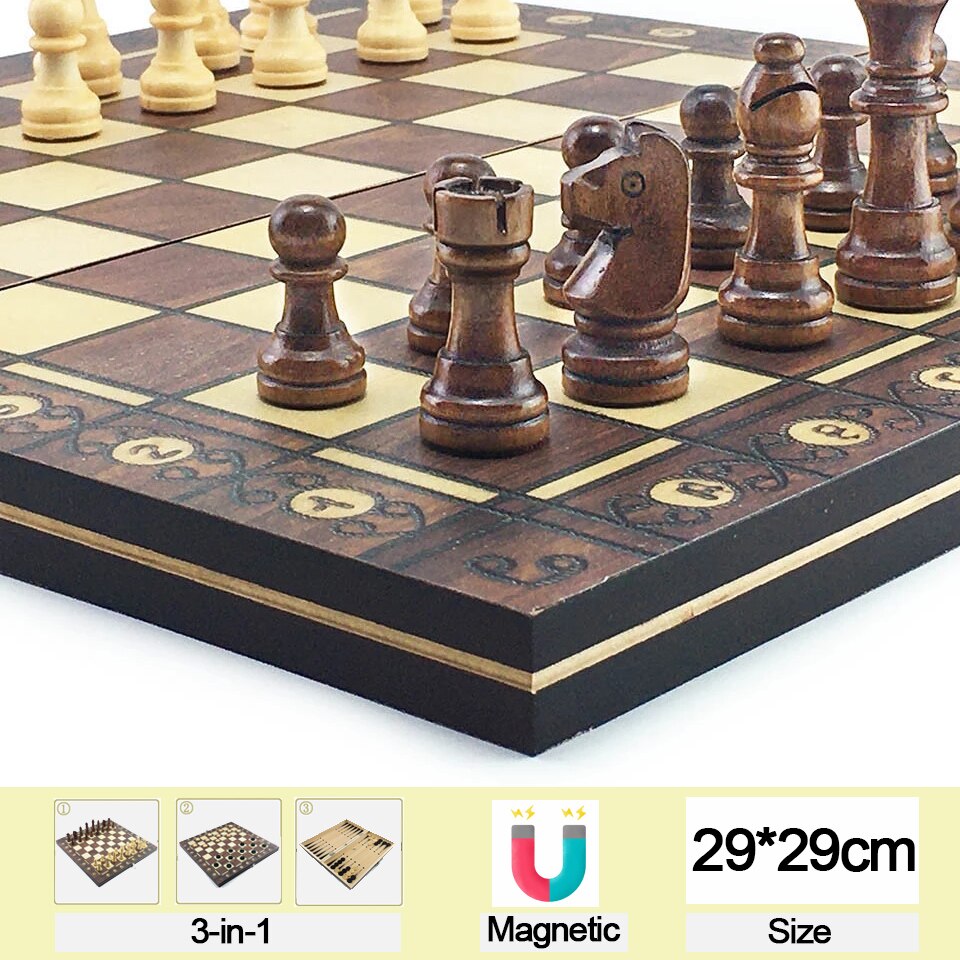 Chesse International Chess Game Super Checkers 3 in 1 Chess Wooden Travel Chess Set Folding Chessboard Backgammon